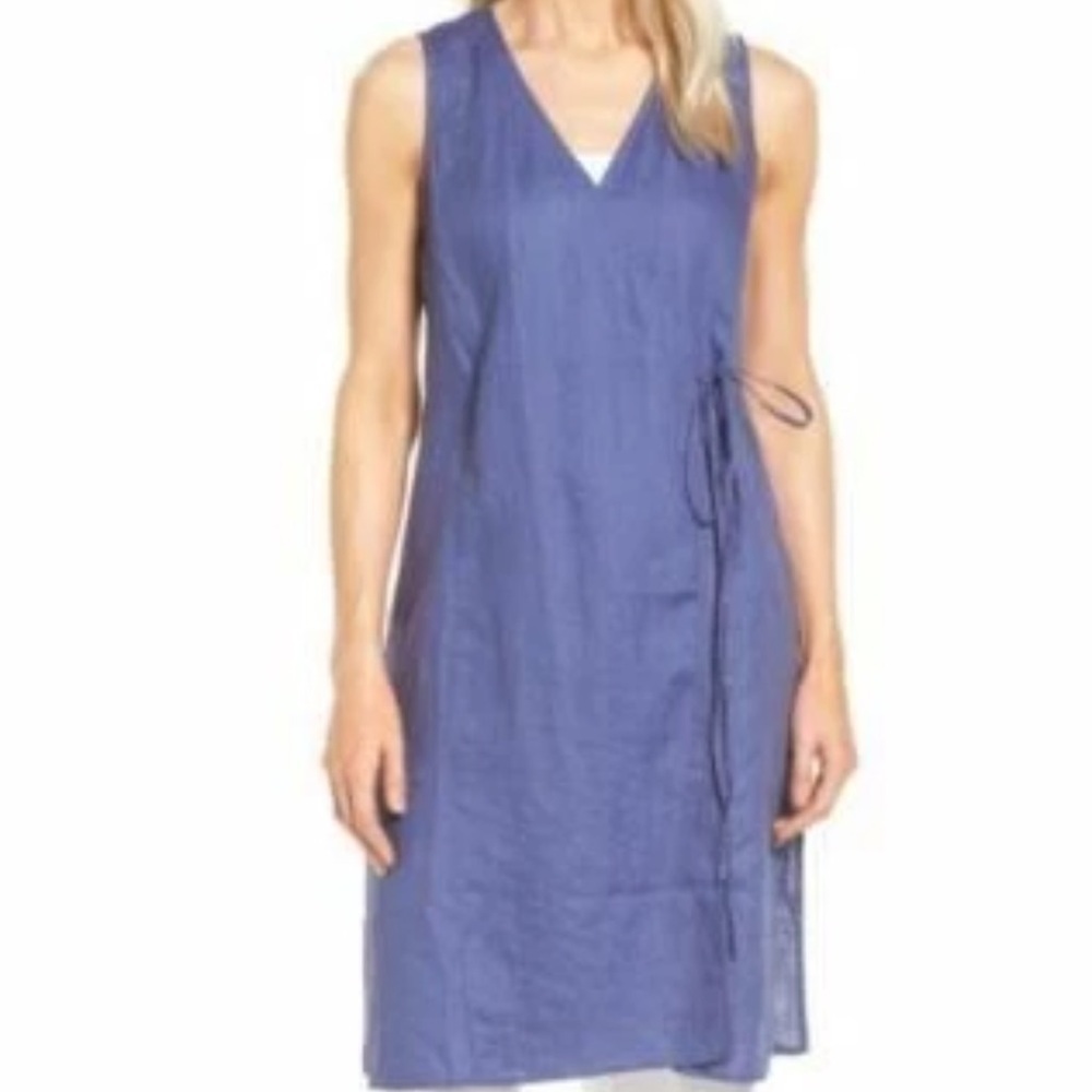 Eileen Fisher Organic Handkerchief Linen Blue Tie Wrap Dress